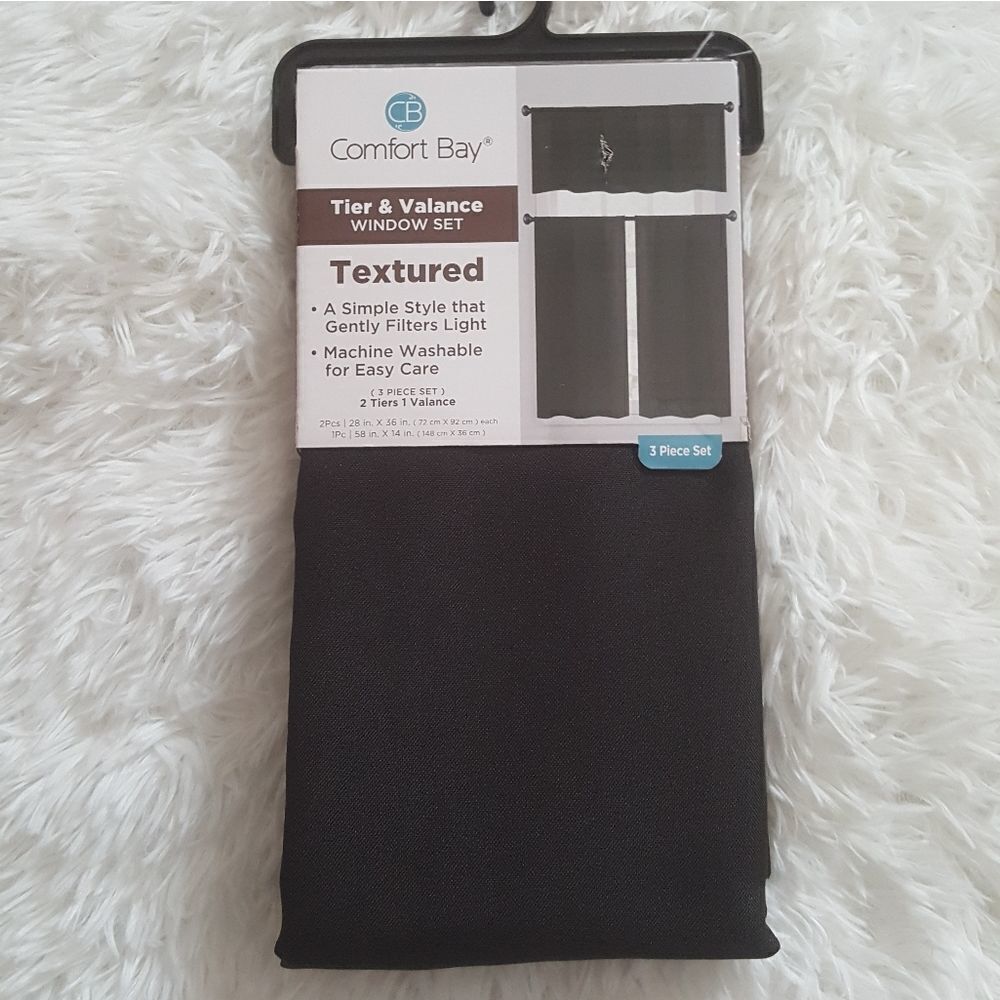 NEW 3 pc set Tier & Window Valance Curtains Black‎